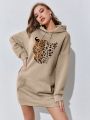 Leopard Print Kangaroo Pocket Drop Shoulder Drawstring Hoodie Dress