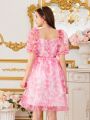 Teen Girl's Bubble Sleeve Holiday Style Chiffon Printed Dress