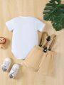 Baby Boy Letter Cartoon Animal Print Short Sleeve T-Shirt And Overalls Shorts Set