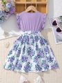 Young Girls' Floral Pattern Belted Dress With Round Neckline