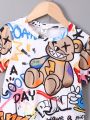 SHEIN Kids EVRYDAY Boys'(Toddler) Bear Printed Round Neck T-Shirt And Shorts Set