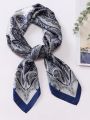 1pc Navy Blue Women's Cashew Print Square Scarf, Silk Headscarf For Daily Wear