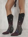 Women Fashionable Mid-Calf Boots With Rhinestone Decoration