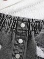 SHEIN Baby Girl Ripped Paperbag Waist Button Front Denim Skirt