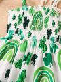 SHEIN Kids EVRYDAY Girls' Casual Clover Printed Spaghetti Strap Dress