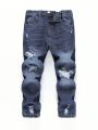 Boys' Distressed Washed Denim Jeans With Horse Printed Design