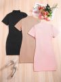 2pcs/Set Teen Girls' Short Sleeve Stand Collar Dress