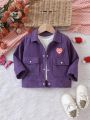 SHEIN Baby Boys' Casual Street Style Retro Letter Embroidered Corduroy Jacket With Turn-down Collar For Autumn And Winter