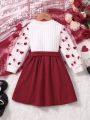 SHEIN Kids FANZEY Little Girls' Red Heart Pattern Top And Belted Skirt Sweet Ladylike 2pcs Set For Autumn/Winter