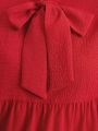 SHEIN Kids Nujoom Tween Girls' Casual Loose Fit Puff Short Sleeve Red Dress With Bowtie Neckline