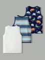 SHEIN Kids QTFun 3pcs/Set Young Boys' Casual & Comfortable & Stylish & Simple & Practical All-Match Cartoon Dinosaur & Dope Color Series Lovely Pattern & Color Block Striped & White Breathable & Comfortable Vest Suit, Suitable For Spring/Summer