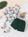 Baby Boy's Flamingo Printed Short Sleeve Shirt With Bow Tie & Woven Shorts Set