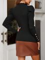 SHEIN Clasi Women's Button Decor Sheep Sleeves Top And Pu Midi Skirt Set