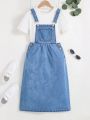 SHEIN Tween Girl Adjustable Medium Length Casual Denim Overall Skirt In Blue