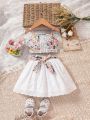 Infant Baby Girls' Flowery Printed Lace Patchwork Hollow Out Embroidery Suspender Skirt Set