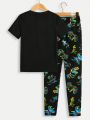 SHEIN Tween Boys' Tight-Fitting Casual Round Neck Design Short Sleeve T-Shirt And Pants Homewear Set