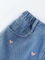 Tween Girls' Vintage Cute Pink Heart Embroidered Water Washed Light Blue Frayed Denim Shorts