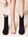 Women's Black Suede Fashionable Low Heel V Cut Zipper Closure Mid-calf Boots For Casual Occasions