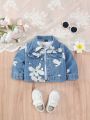 Vintage And Cute Printed Baby Girls' Casual Comfortable Loose Basic Denim Jacket Coat, Easy Match With Other Clothes