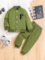 SHEIN Kids SPRTY 2pcs/set Stylish Sportswear Baseball Jacket And Long Pants For Toddler Boys, Winter