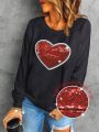 Plus Size Women'S Long Sleeve Round Neck Heart Printed Tee With Front Panel Design