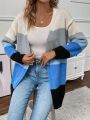 Women's Color Block Oversized Open Front Cardigan With Dropped Shoulder