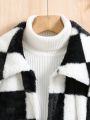 SHEIN Kids HYPEME Tween Girl Checkerboard Pattern Belted Flannel Coat Without Sweater