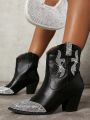 Rhinestone Detail Pointed Toe Chunky Heel Women Fashion Boots
