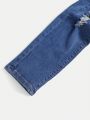 SHEIN New Casual, Fashionable, Comfortable, Elastic, Skinny, Distressed Blue Mid-Rise Jeans For Tween Boy