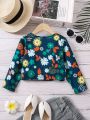 SHEIN Kids SUNSHNE Young Girls' Casual Floral Vacation Style Short Open Jacket For Spring And Autumn