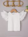 SHEIN Kids Nujoom Young Girls' Slim Fit Cute Lace Trimmed Puff Sleeve T-Shirt With Round Neckline, Ideal For Vacations