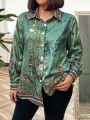 Plus Size Women's Botanical Print Long Sleeve Blouse/Shirt