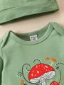 SHEIN Baby Boys' Red Umbrella, Mushroom, And Plant Printed Long Sleeve Romper With Pants And Hat, 3pcs/Set