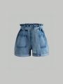 Tween Girls' Casual Vacation Style Mid Blue Washed Comfortable Elastic Waist Flower Detail Paperbag Denim Shorts With Folded Hem