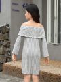 SHEIN Kids KDOMO Big Girls' One Shoulder Flared Sleeve Ribbed Knit Dress