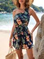 SHEIN VCAY One-Shoulder Vacation Tropical Printed Romper Without A Belt