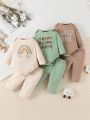 Baby Boys' Casual Letter Printed Romper And Long Sleeves Top And Pants Set