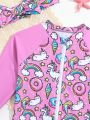 Little Girls' One-piece Unicorn Printed Swimsuit With Zipper Closure