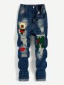 Tween Boy Cartoon Embroidery Washed Ripped Jeans