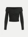 SHEIN Female Teenagers' Solid Color Knitted Off Shoulder Cross Neck T-shirt