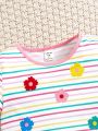 SHEIN Kids SUNSHNE Young Girl Knitted Striped Floral Printed Round Neck Close-Fitted Casual T-Shirt