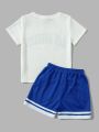 SHEIN Kids SPRTY Toddler Boys Letter Graphic Tee & Striped Trim Shorts