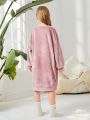 SHEIN Girls' Knitted Solid Color Plush V-neck Loose Mid-length Home Clothes