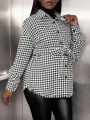 SHEIN Maternity Houndstooth Print Drop Shoulder Raw Cut Belted Coat