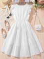 Teen Girl White V-Neck Lace Splice Short Sleeve Casual Dress