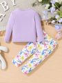 SHEIN Baby Girls' Cute Cartoon Rabbit & Letter Pattern Print Stretchy Long-Sleeve And Pants Homewear Set