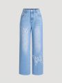 Girls' Butterfly Embroidery Straight Leg Jeans, Teenagers