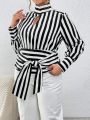 SHEIN Essnce Plus Size Keyhole Neckline Tie Front Striped Blouse