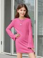 SHEIN Kids EVRYDAY Big Girls' Knitted Solid-Colored Round Neck Bodycon Casual Dress (Belt Not Included)