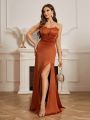SHEIN Belle Ladies' Strapless Evening Dress With High Side Slit And Ruffled Waist